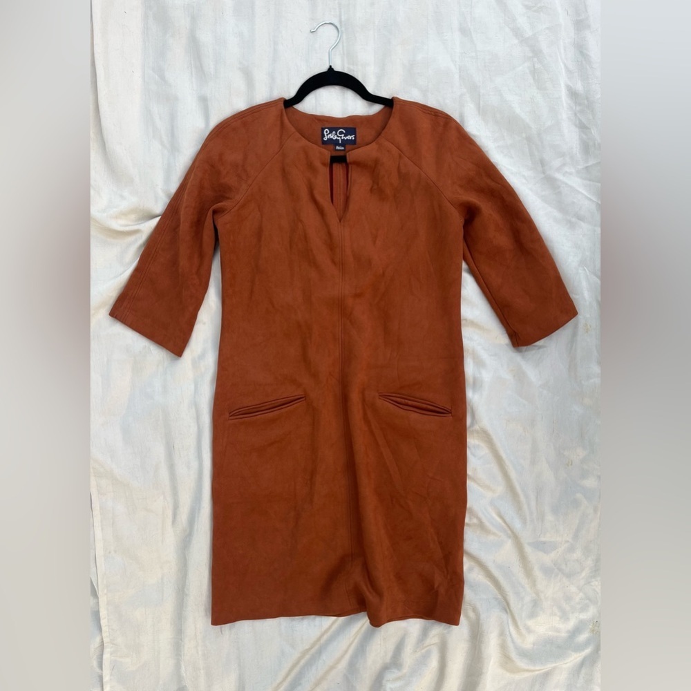 LESLEY EVERS Warm Rust Faux Swede Mini Dress